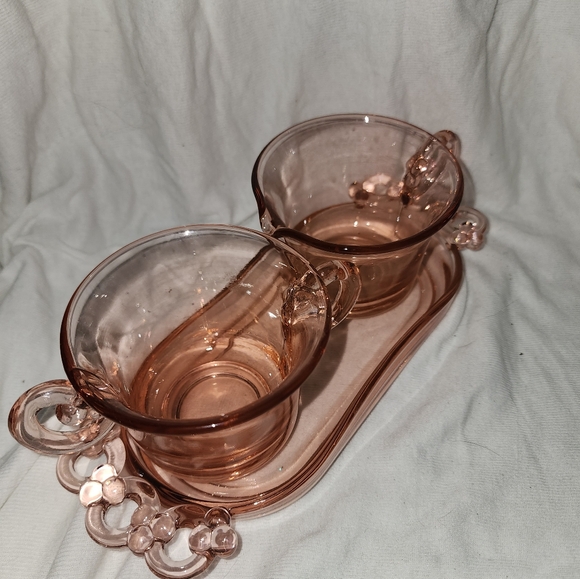 Pink Depression Glass Cream and Sugar Set with Tray. 1930s Perforal Josef Inwald - Picture 4 of 4